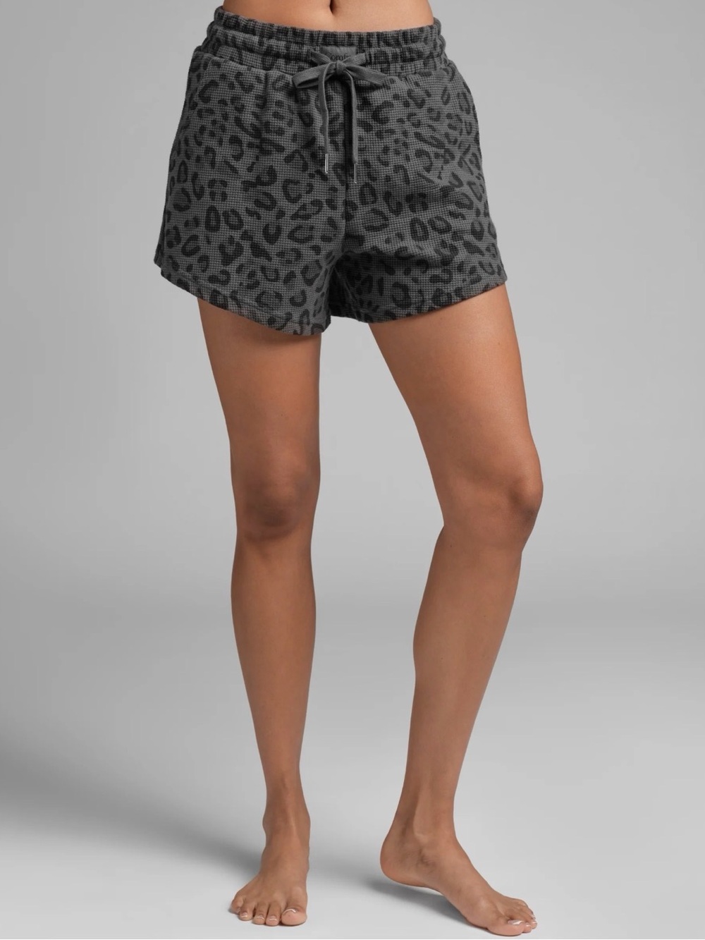 Comfrt Waffle-Knit Drawstring Leopard Lounge Shorts - Charcoal